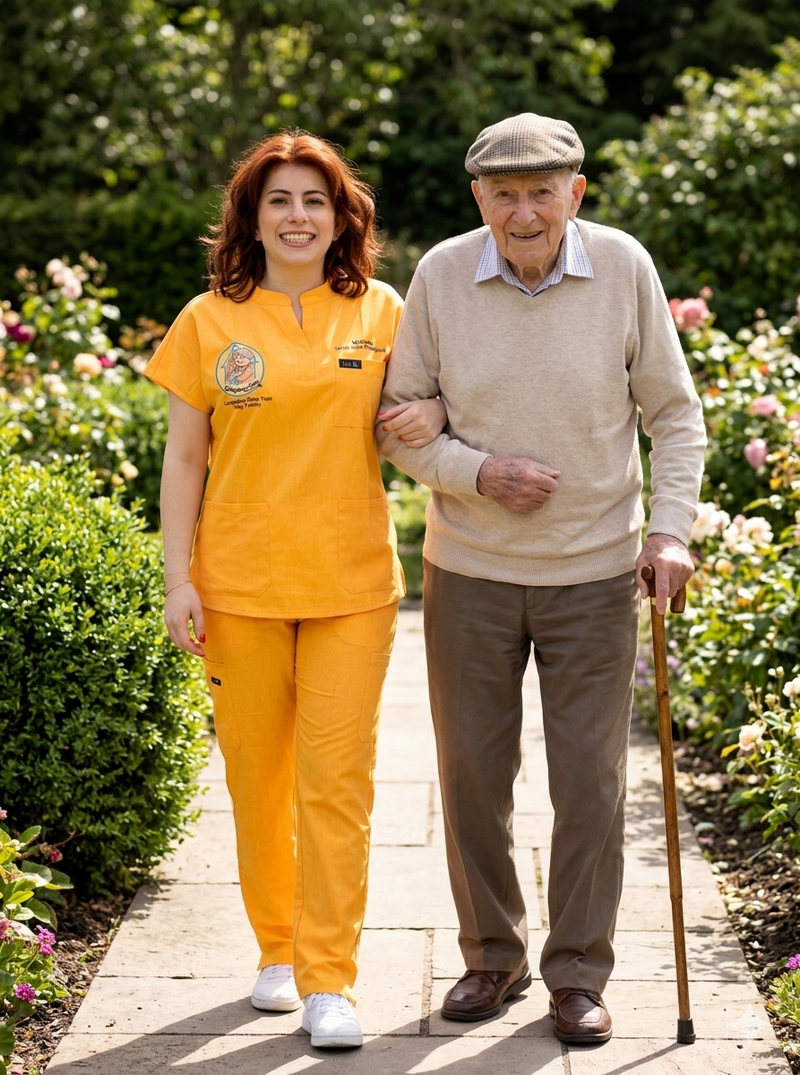 A Home Care Professional in yellow scrubs walking with an elderly Greek man in a beautiful autumn neighborhood.
